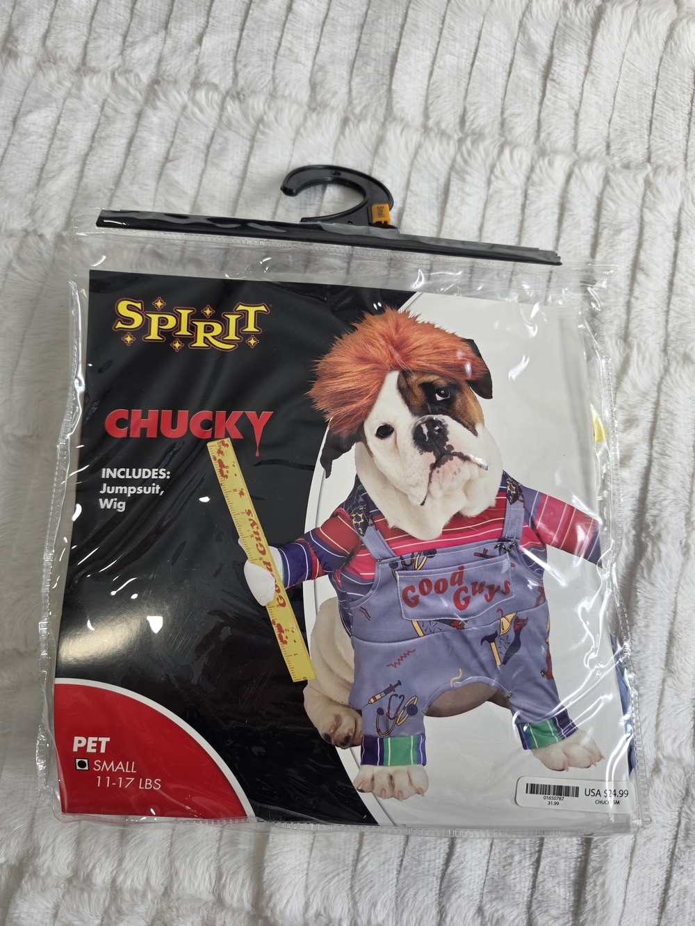 Spirit Chucky Dog Costume in Purple and Red with Orange Wig